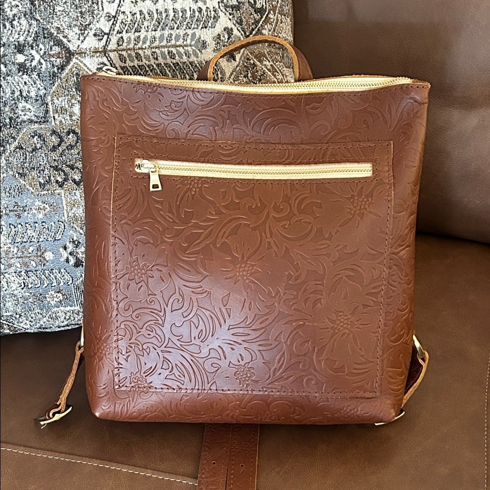 Portland Leather Embossed Tan Backpack in Meadow - Regular size